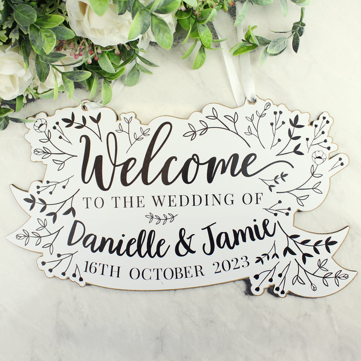 Buy Personalised Monochrome Floral Wedding Wooden Hanging Decoration available now at www.giftsfinder.co.uk