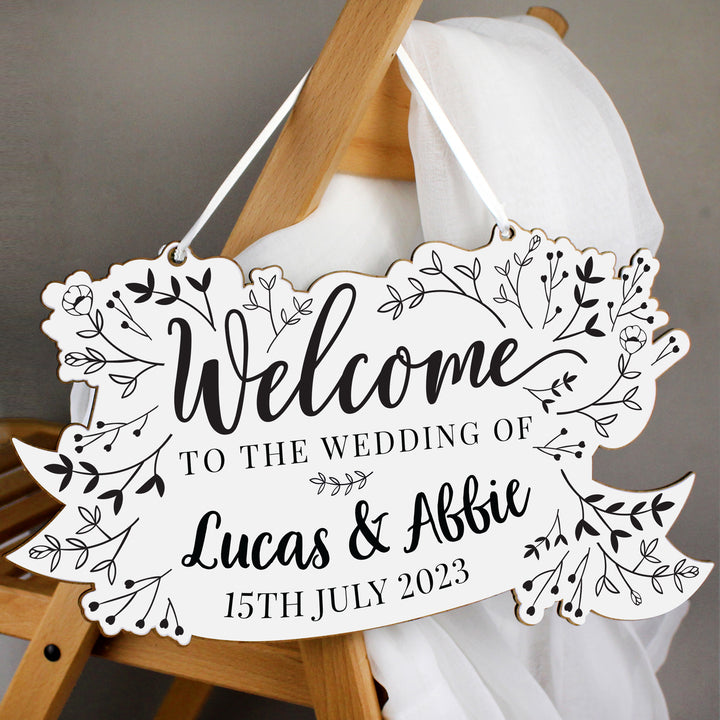 Buy Personalised Monochrome Floral Wedding Wooden Hanging Decoration available now at www.giftsfinder.co.uk