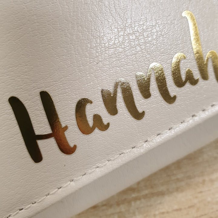 Buy Personalised Gold Name Cream Purse at www.giftsfinder.co.uk