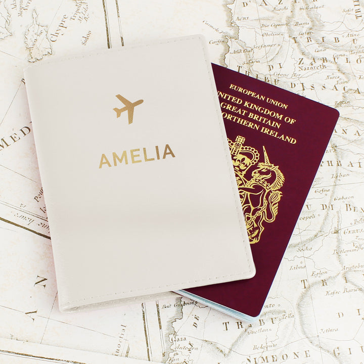 Buy Personalised Gold Name Cream Passport Holder at www.giftsfinder.co.uk