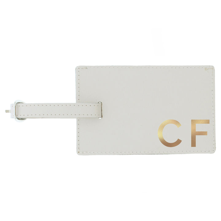 Buy Personalised Gold Initials Cream Luggage Tag at www.giftsfinder.co.uk