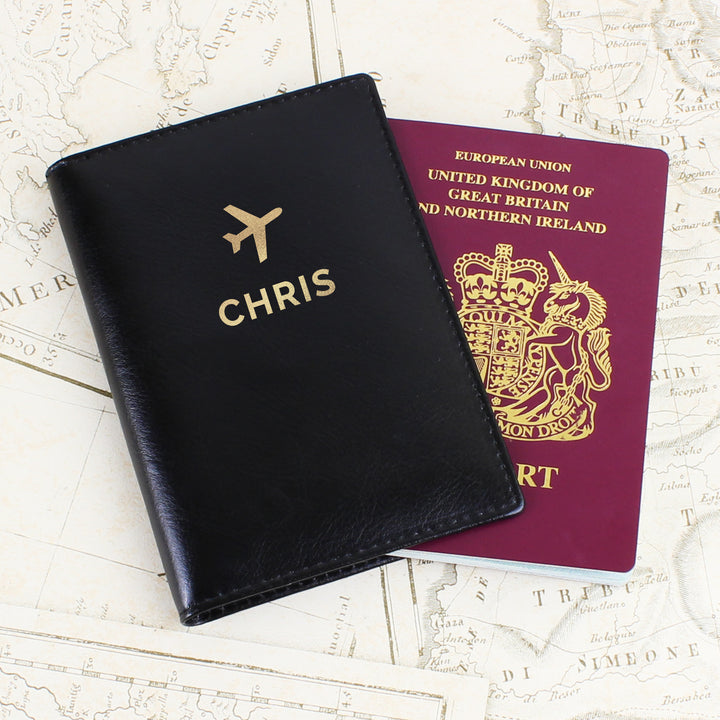 Personalised Gold Name Black Passport Holder - part of the Gifts Finder Personalised Passport Holders collection