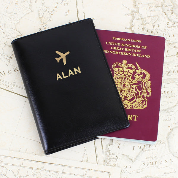 Buy Personalised Gold Name Black Passport Holder at www.giftsfinder.co.uk