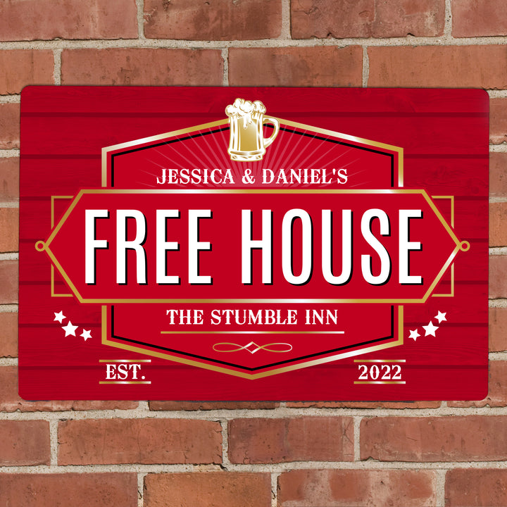 Buy Personalised Free House Red Metal Sign at www.giftsfinder.co.uk