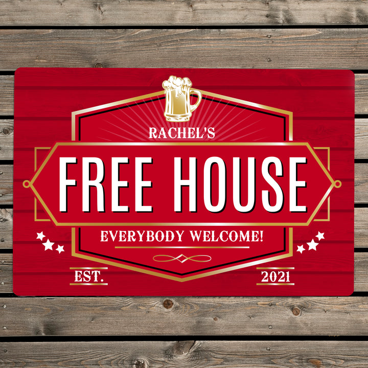 Buy Personalised Free House Red Metal Sign at www.giftsfinder.co.uk