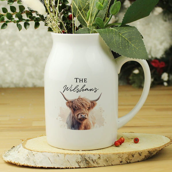 Buy Personalised Highland Cow Flower Jug Vase available now at www.giftsfinder.co.uk