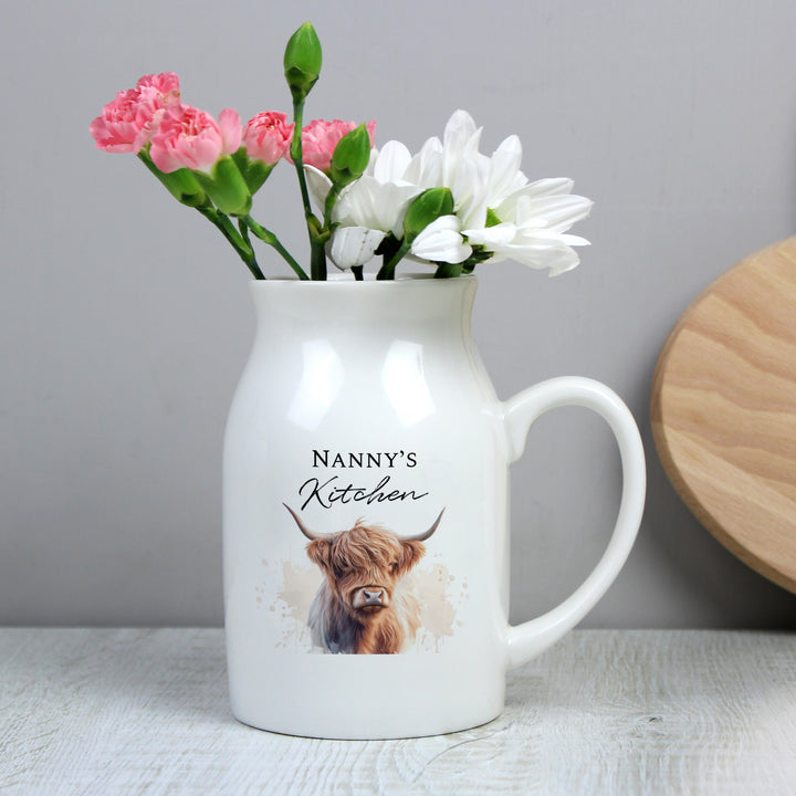 Buy Personalised Highland Cow Flower Jug Vase available now at www.giftsfinder.co.uk