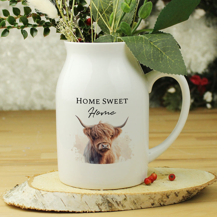 Buy Personalised Highland Cow Flower Jug Vase available now at www.giftsfinder.co.uk