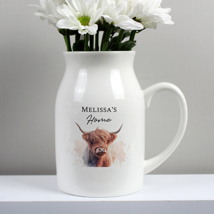 Buy Personalised Highland Cow Flower Jug Vase available now at www.giftsfinder.co.uk