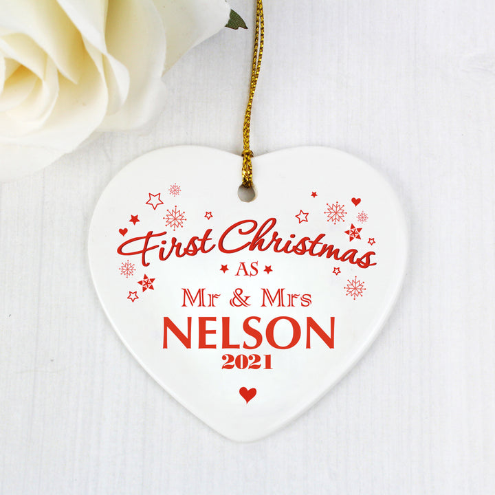 Personalised 'Our First Christmas' Ceramic Heart Decoration - part of the Gifts Finder Personalised Heart Decorations collection