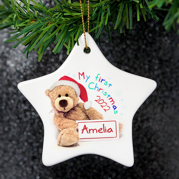 Buy Personalised My First Christmas Teddy Ceramic Star Decoration at www.giftsfinder.co.uk