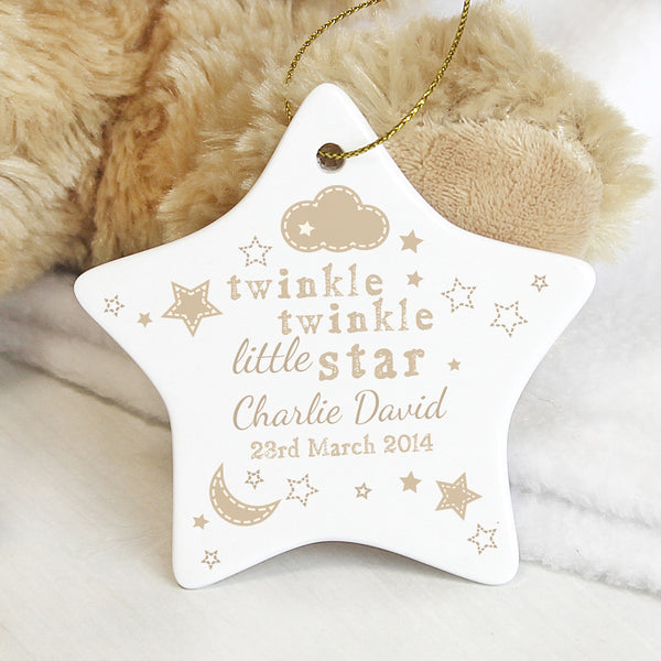 Personalised Twinkle Twinkle Ceramic Star Decoration in gift category Personalised Ornaments & Keepsakes