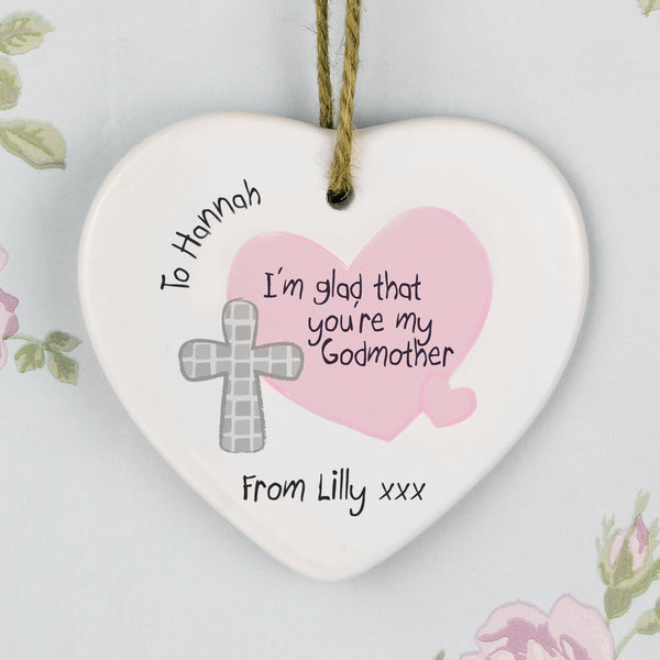 Buy Personalised Godmother Ceramic Heart Decoration available now at www.giftsfinder.co.uk