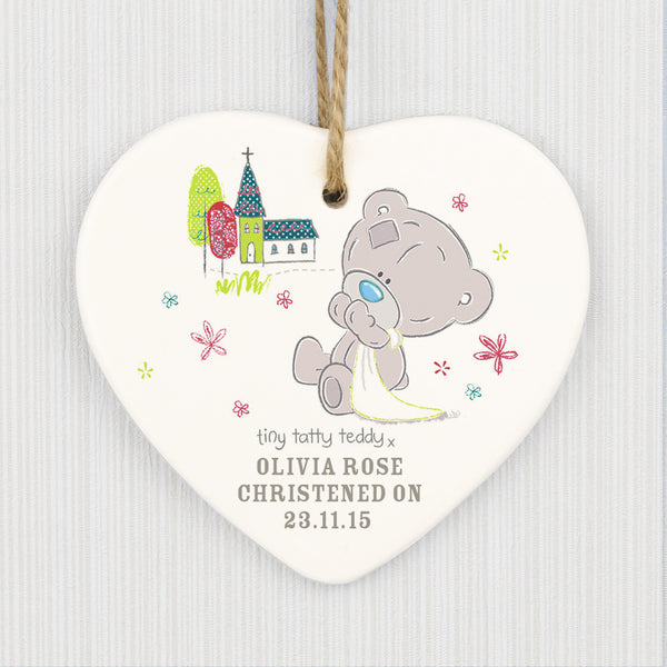 Personalised Tiny Tatty Teddy Christening Ceramic Heart Decoration in gift category Personalised Heart Decorations