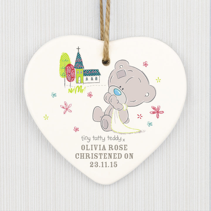 Personalised Tiny Tatty Teddy Christening Ceramic Heart Decoration in gift category Personalised Heart Decorations