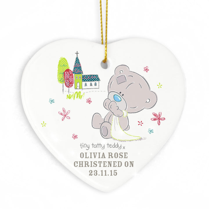 Personalised Tiny Tatty Teddy Christening Ceramic Heart Decoration in gift category Personalised Heart Decorations