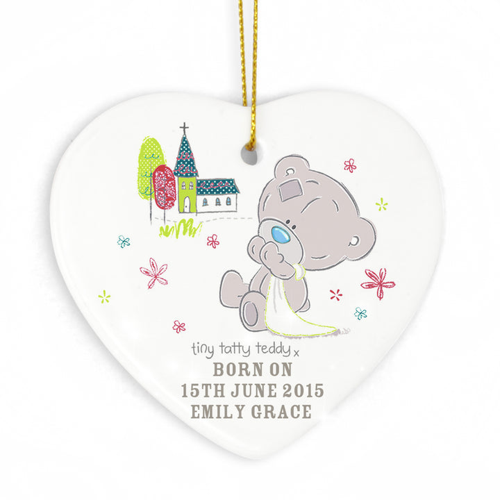 Personalised Tiny Tatty Teddy Christening Ceramic Heart Decoration in gift category Personalised Heart Decorations