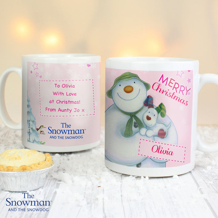 Buy Personalised The Snowman and the Snowdog Pink Mug at www.giftsfinder.co.uk