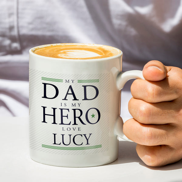 Buy Personalised My Dad is My Hero Mug at www.giftsfinder.co.uk