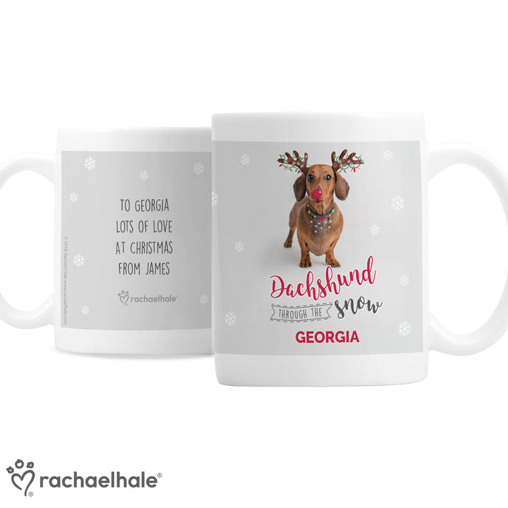 Buy Personalised Rachael Hale Christmas Dachshund Through the Snow Mug at www.giftsfinder.co.uk