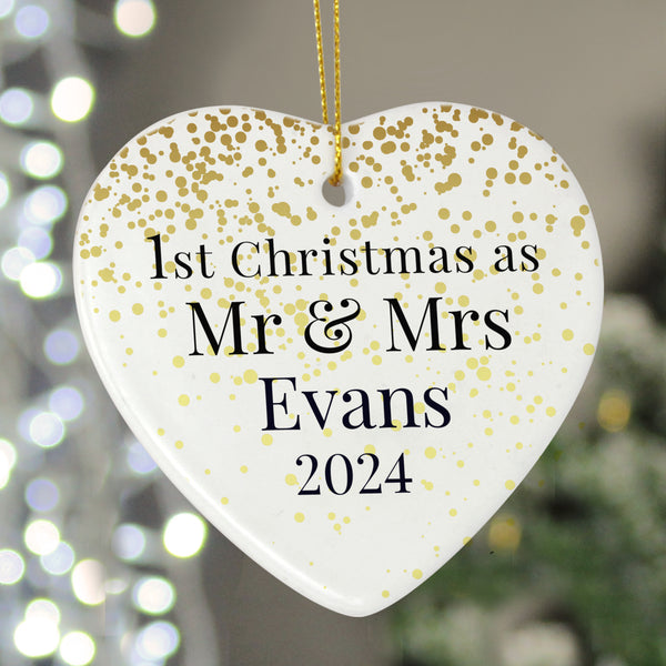 Buy Personalised Mr and Mrs 1st Christmas Ceramic Heart Decoration at www.giftsfinder.co.uk