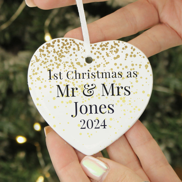 Personalised Mr And Mrs 1st Christmas Ceramic Heart Decoration - part of the Gifts Finder Personalised Heart Decorations collection