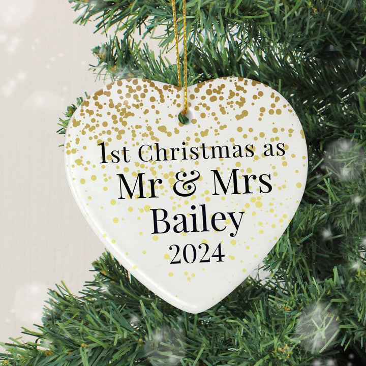 Personalised Mr And Mrs 1st Christmas Ceramic Heart Decoration - part of the Gifts Finder Personalised Heart Decorations collection