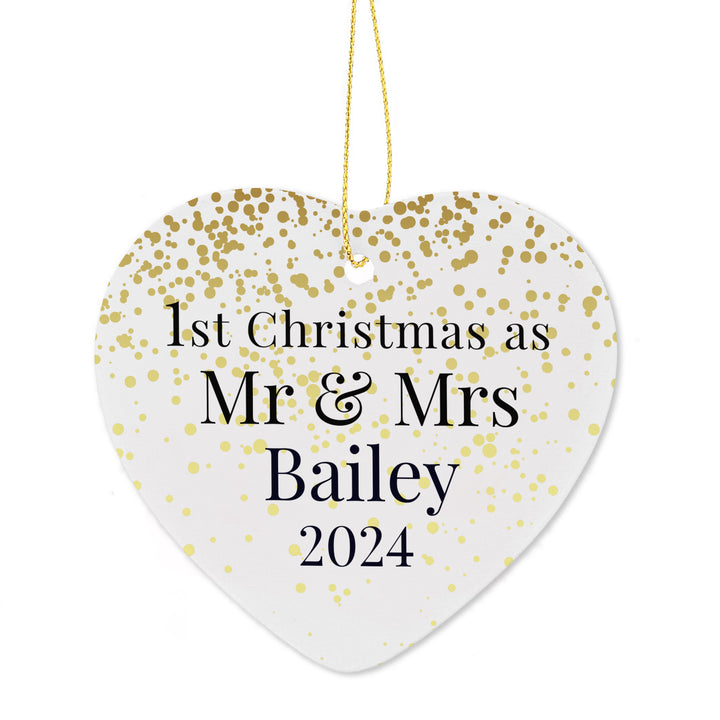 Personalised Mr And Mrs 1st Christmas Ceramic Heart Decoration - part of the Gifts Finder Personalised Heart Decorations collection