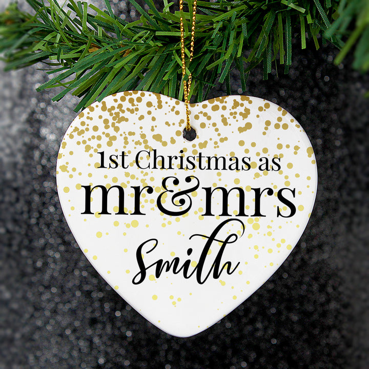 Personalised Mr And Mrs 1st Christmas Ceramic Heart Decoration - part of the Gifts Finder Personalised Heart Decorations collection