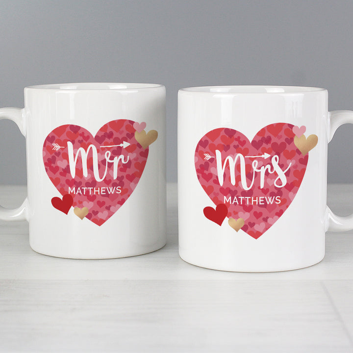 Buy Personalised Mr and Mrs Valentine's Day Confetti Hearts Mug Set at www.giftsfinder.co.uk