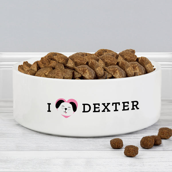 Buy Personalised I Love my Dog - Cute Design 14cm Medium Ceramic White Pet Bowl at www.giftsfinder.co.uk