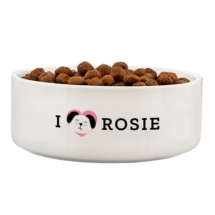 Personalised I Love My Dog - Cute Design 14Cm Medium Ceramic White Pet Bowl - part of the Personalised Pet Bowls collection