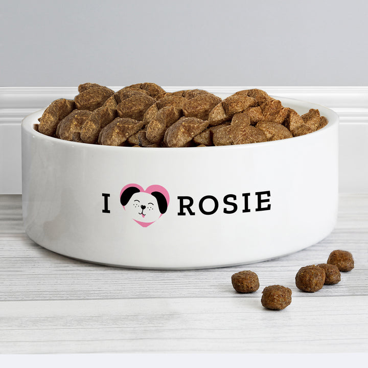 Personalised I Love My Dog - Cute Design 14Cm Medium Ceramic White Pet Bowl - part of the Personalised Pet Bowls collection