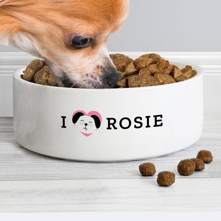 Personalised I Love My Dog - Cute Design 14Cm Medium Ceramic White Pet Bowl - part of the Personalised Pet Bowls collection