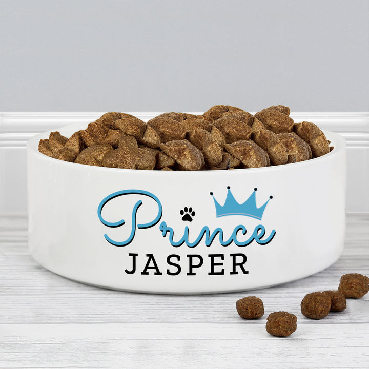 Buy Personalised Prince 14cm Medium Ceramic White Pet Bowl at www.giftsfinder.co.uk