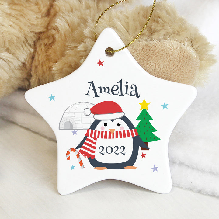 Personalised Christmas Penguin Ceramic Star Decoration - part of the Gifts Finder Personalised Christmas Decorations collection