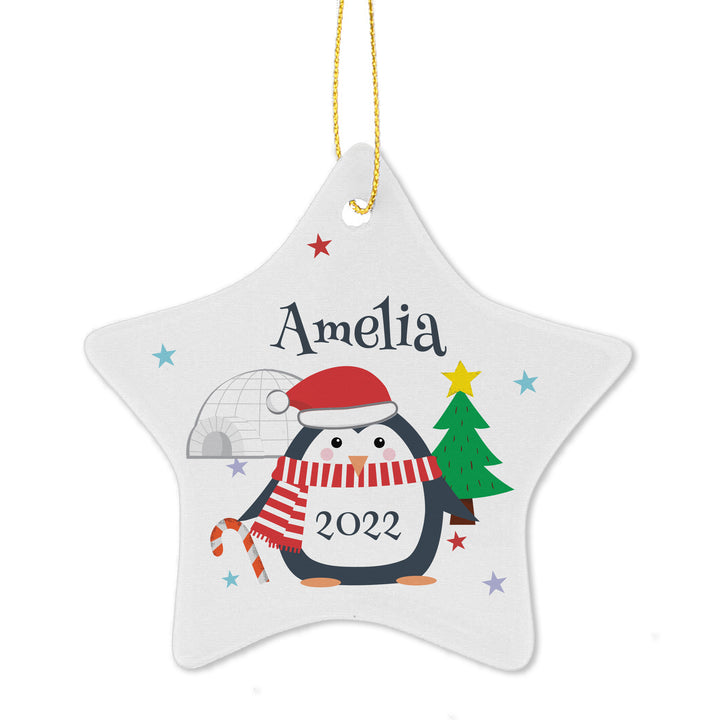 Personalised Christmas Penguin Ceramic Star Decoration - part of the Gifts Finder Personalised Christmas Decorations collection