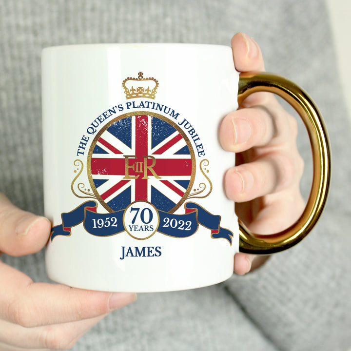 Personalised Union Jack Platinum Jubilee Gold Handled Mug in gift category Personalised Mugs