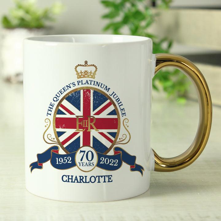 Personalised Union Jack Platinum Jubilee Gold Handled Mug in gift category Personalised Mugs