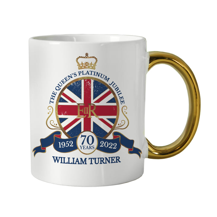 Personalised Union Jack Platinum Jubilee Gold Handled Mug in gift category Personalised Mugs