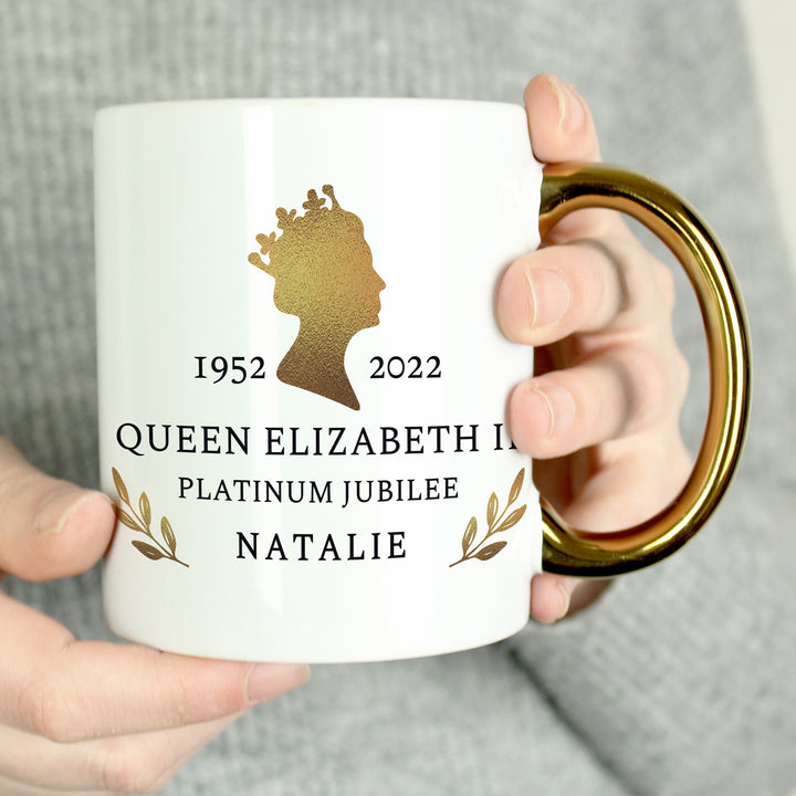 Buy Personalised Platinum Jubilee Gold Handled Mug at www.giftsfinder.co.uk