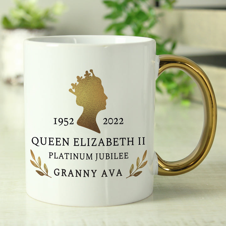 Buy Personalised Platinum Jubilee Gold Handled Mug at www.giftsfinder.co.uk