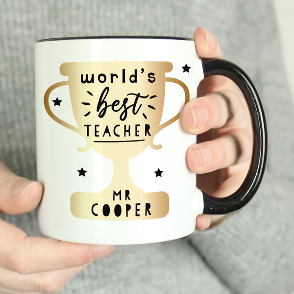 Personalised World's Best Teacher Trophy Black Handled Mug in gift category Personalised Teacher Gifts