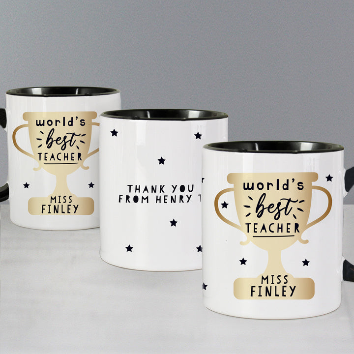 Personalised World's Best Teacher Trophy Black Handled Mug in gift category Personalised Teacher Gifts