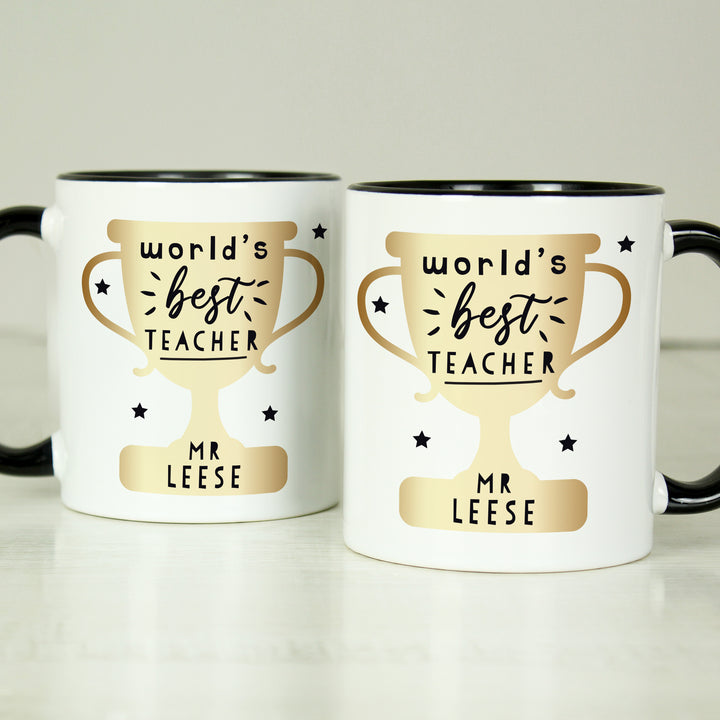 Personalised World's Best Teacher Trophy Black Handled Mug in gift category Personalised Teacher Gifts