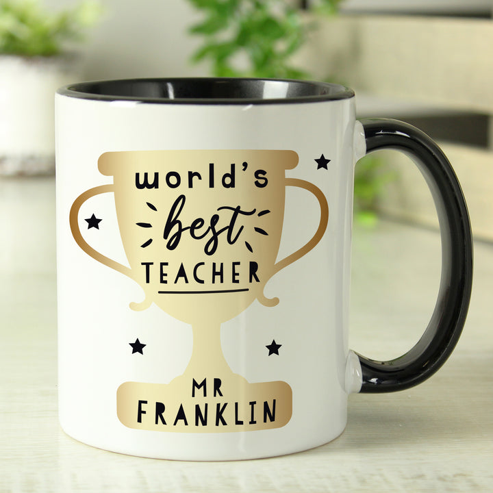 Personalised World's Best Teacher Trophy Black Handled Mug in gift category Personalised Teacher Gifts