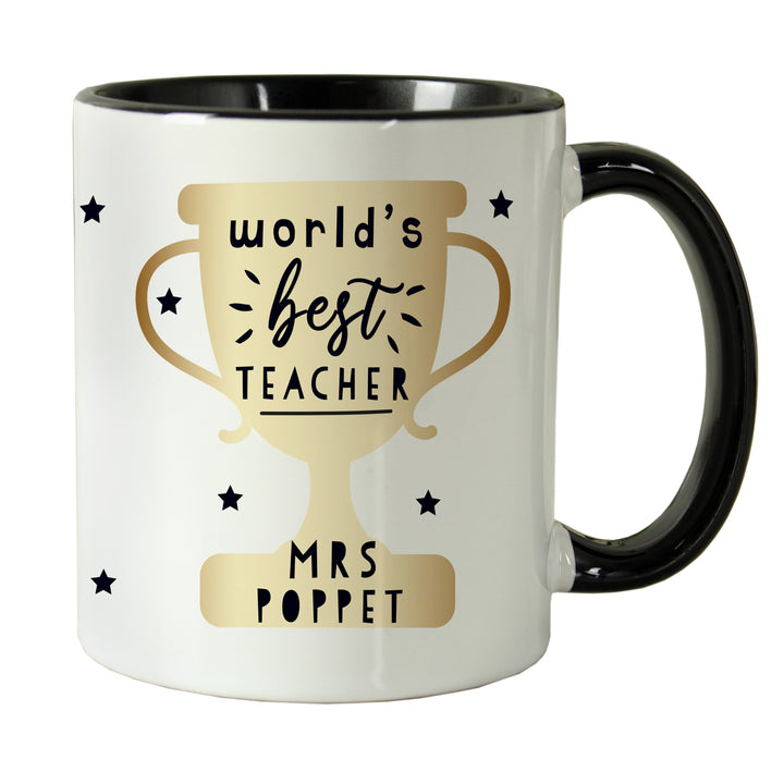 Personalised World's Best Teacher Trophy Black Handled Mug in gift category Personalised Teacher Gifts