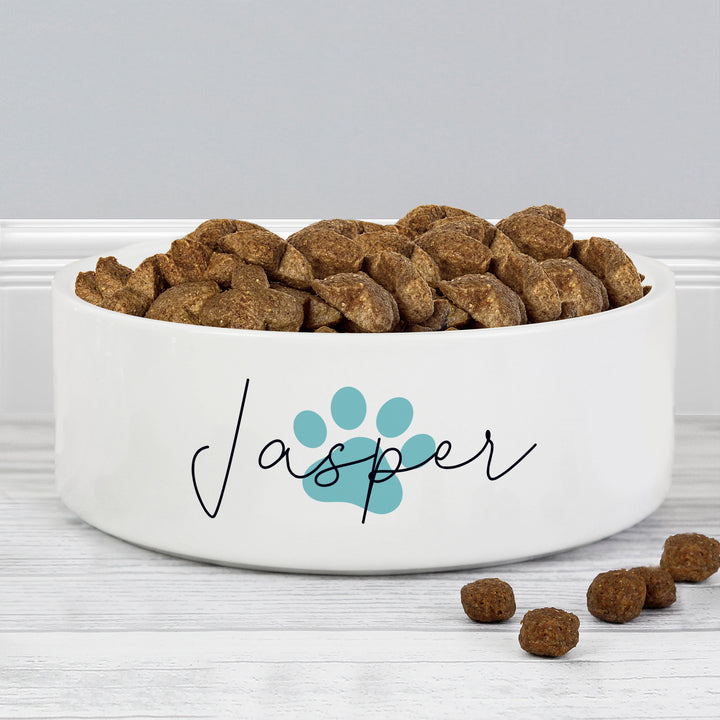 Personalised Blue Pawprint Name 14Cm Medium Pet Bowl For Dogs And Cats