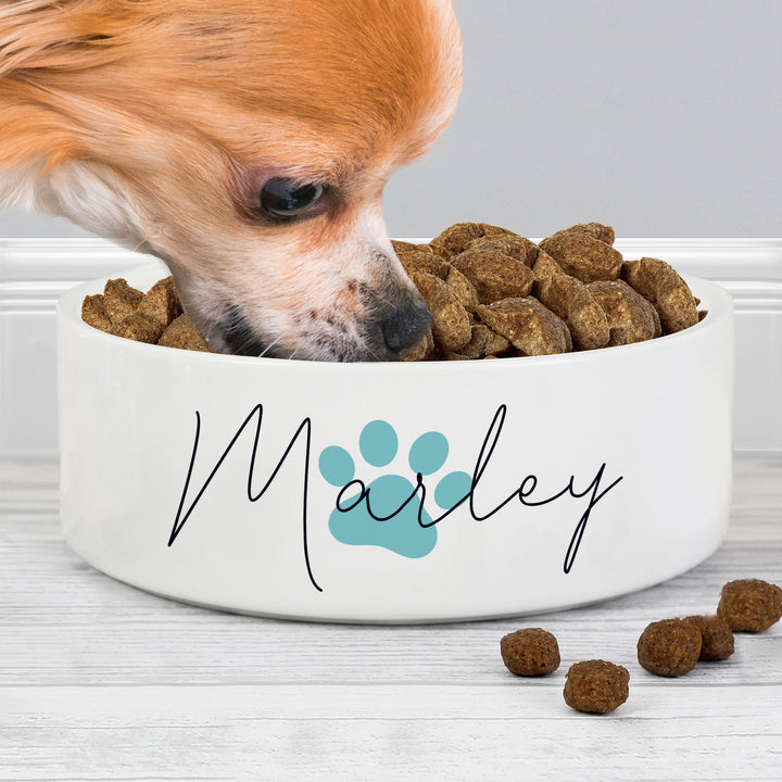 Buy Personalised Blue Pawprint Name 14cm Medium Pet Bowl For Dogs And Cats available now at www.giftsfinder.co.uk