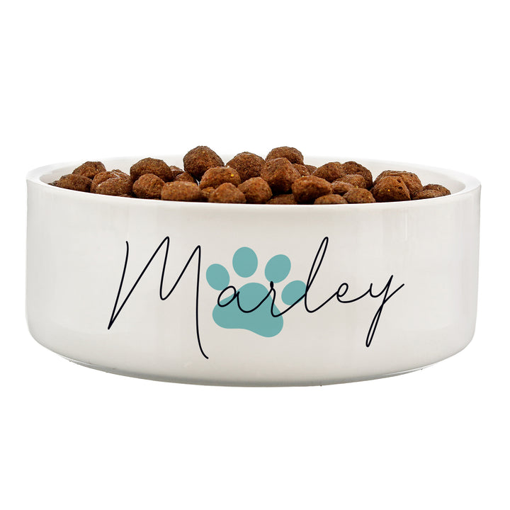 Personalised Blue Pawprint Name 14Cm Medium Pet Bowl For Dogs And Cats